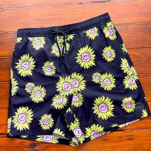 NEFF smiley face sunflower print unlined elastic waist pull on swim trunks sz L